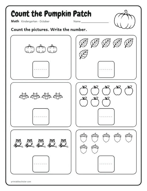Count the Pumpkin Patch: kindergarten math worksheet preview