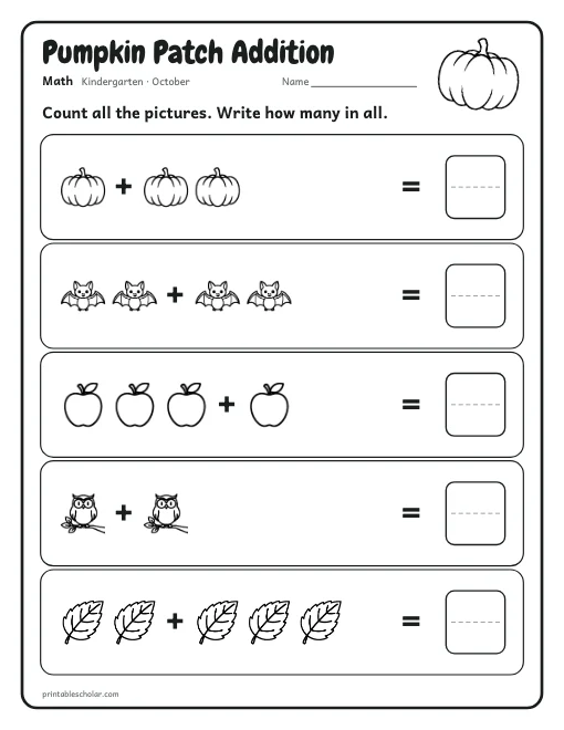Pumpkin Patch Addition: kindergarten math worksheet preview