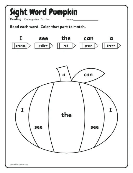 Sight Word Pumpkin: kindergarten reading worksheet preview