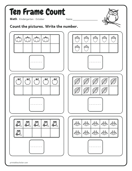 Ten Frame Count: kindergarten math worksheet preview