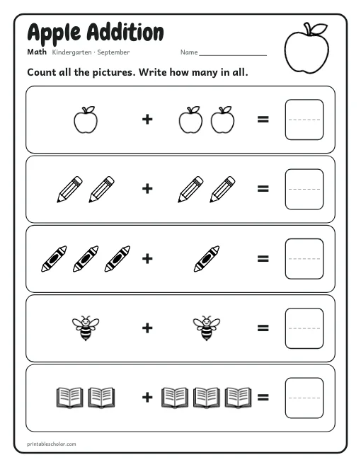 Apple Addition: kindergarten math worksheet preview