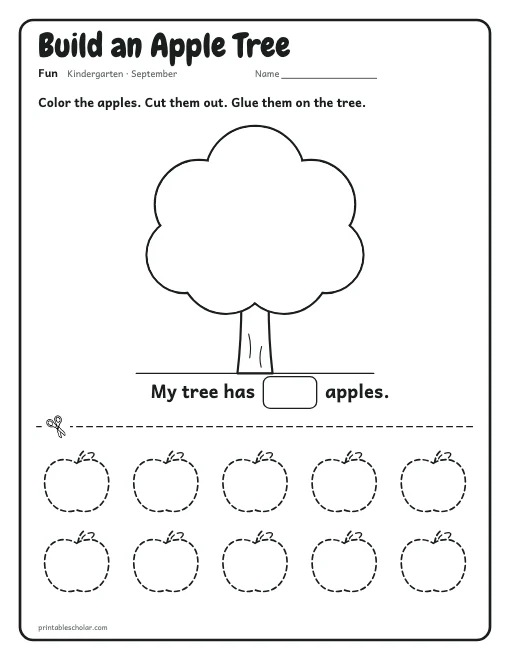 Build an Apple Tree: kindergarten worksheet preview