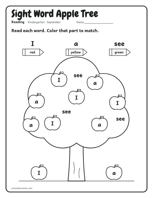 Sight Word Apple Tree: kindergarten reading worksheet preview