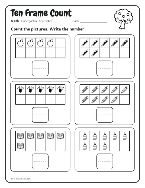 Ten Frame Count: kindergarten math worksheet preview