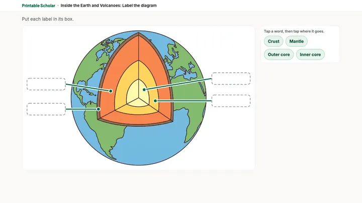 The Inside the Earth and Volcanoes lesson on screen: a diagram with empty boxes and a word bank