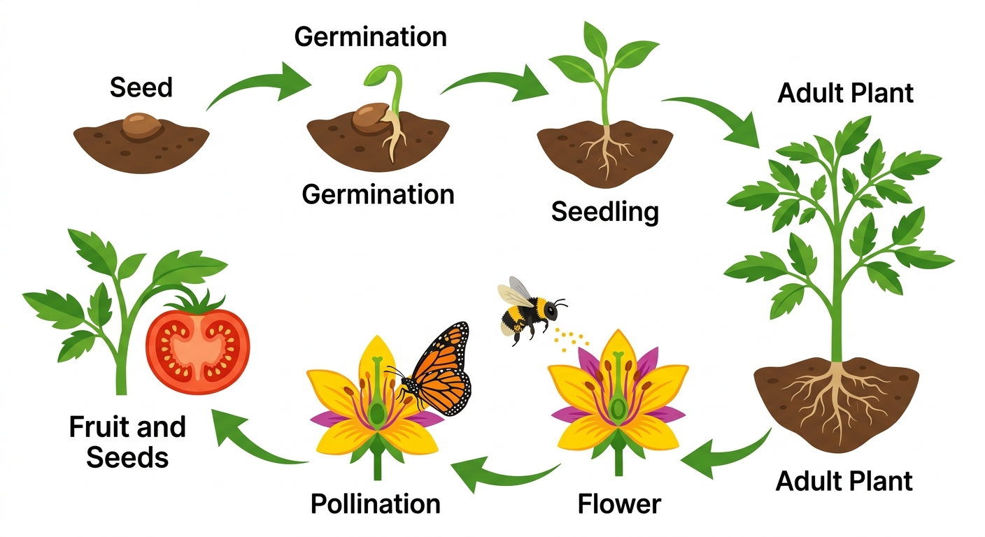 Labeled life cycle of a plant diagram showing seed, germination, seedling, adult plant, flower, pollination, and fruit and seeds stages in circular sequence