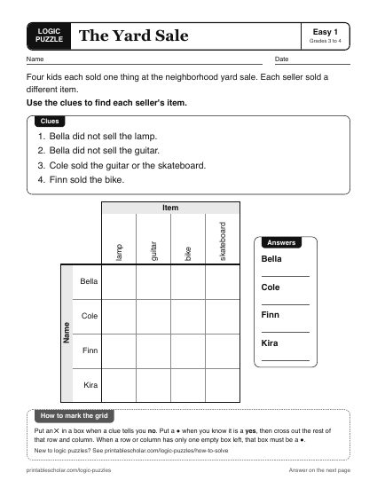The Yard Sale printable logic grid puzzle