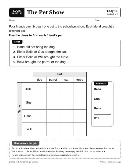 The Pet Show printable logic grid puzzle