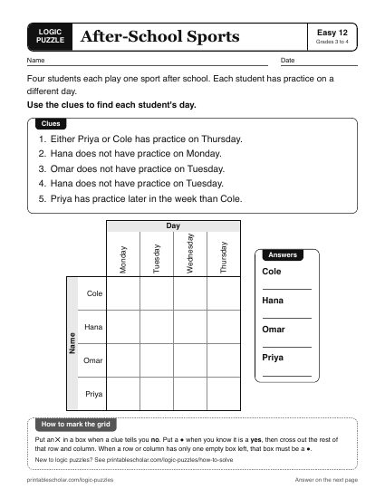 After-School Sports printable logic grid puzzle