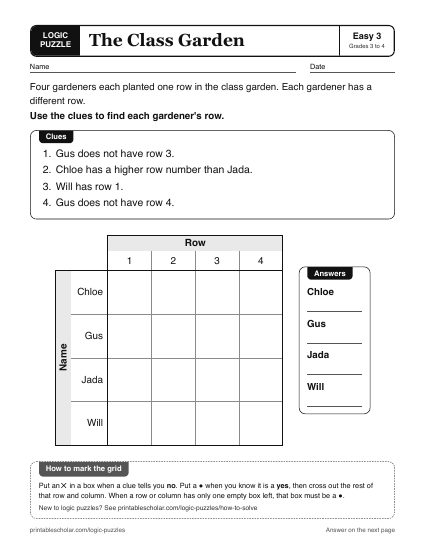 The Class Garden printable logic grid puzzle