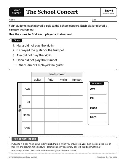 The School Concert printable logic grid puzzle