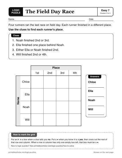 The Field Day Race printable logic grid puzzle