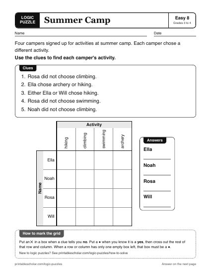 Summer Camp printable logic grid puzzle