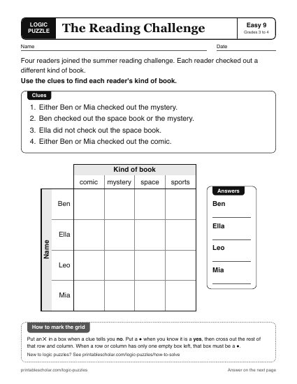 The Reading Challenge printable logic grid puzzle
