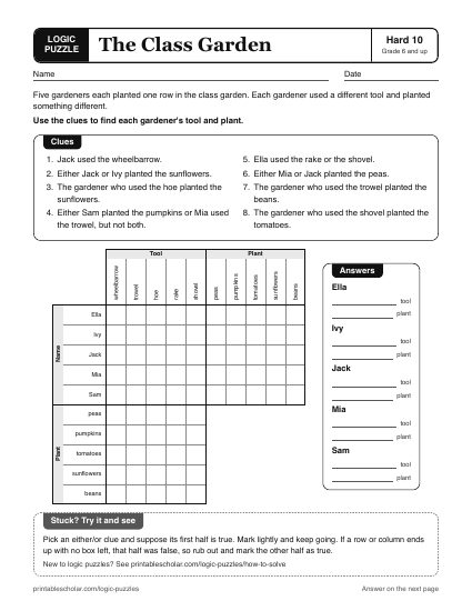 The Class Garden printable logic grid puzzle
