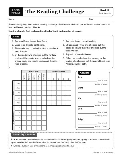 The Reading Challenge printable logic grid puzzle