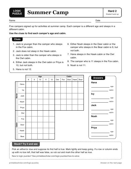 Summer Camp printable logic grid puzzle