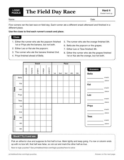 The Field Day Race printable logic grid puzzle