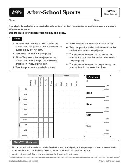 After-School Sports printable logic grid puzzle
