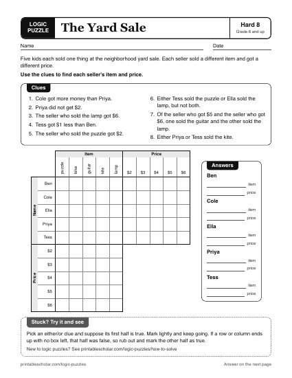 The Yard Sale printable logic grid puzzle