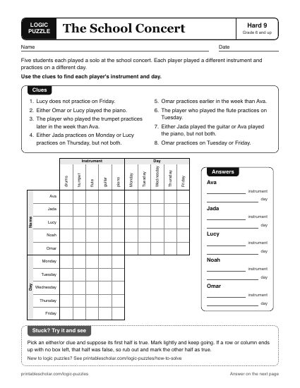 The School Concert printable logic grid puzzle