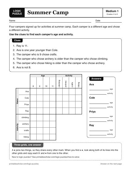 Summer Camp printable logic grid puzzle