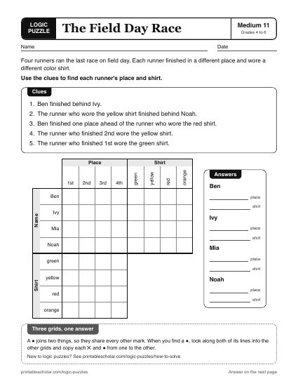 The Field Day Race printable logic grid puzzle