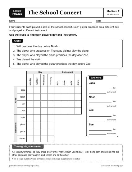 The School Concert printable logic grid puzzle
