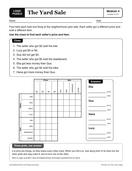 The Yard Sale printable logic grid puzzle