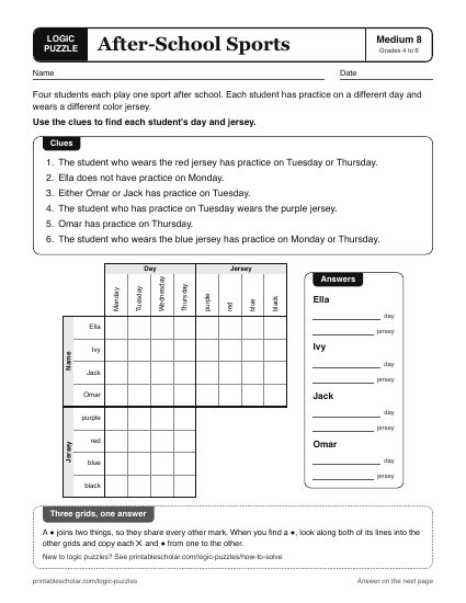 After-School Sports printable logic grid puzzle