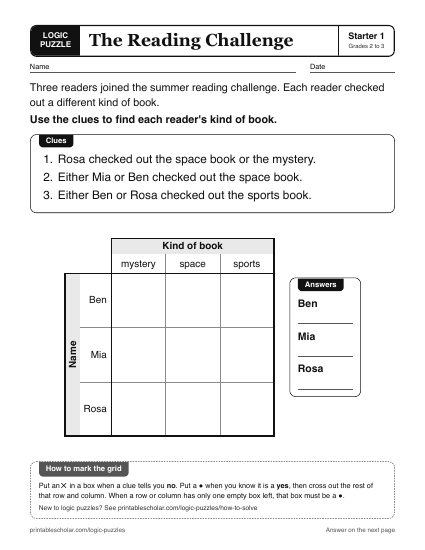The Reading Challenge printable logic grid puzzle