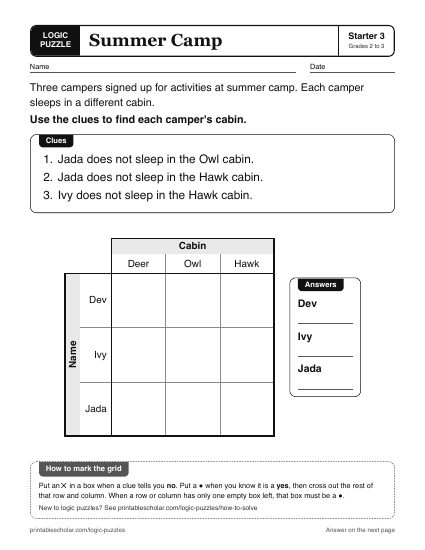 Summer Camp printable logic grid puzzle