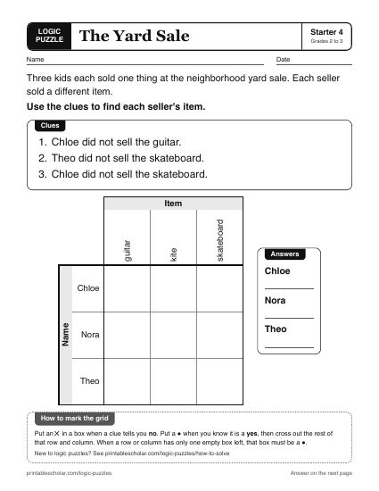 The Yard Sale printable logic grid puzzle