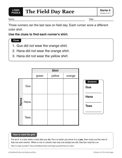 The Field Day Race printable logic grid puzzle