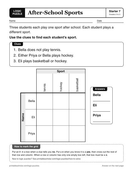 After-School Sports printable logic grid puzzle