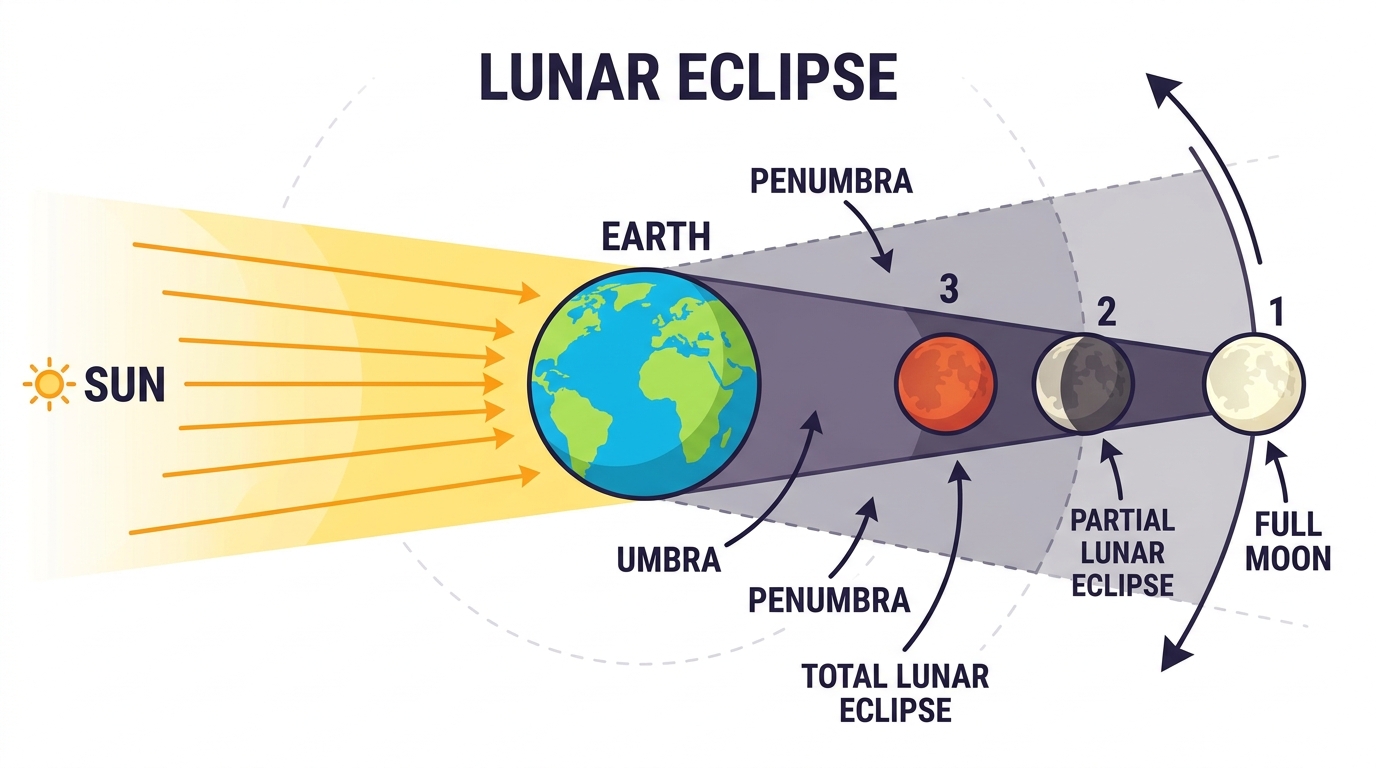 Labeled lunar eclipse diagram showing Sun, Earth, and Moon alignment with Earth's umbra and penumbra shadow cones, full moon, partial lunar eclipse, and total lunar eclipse blood moon