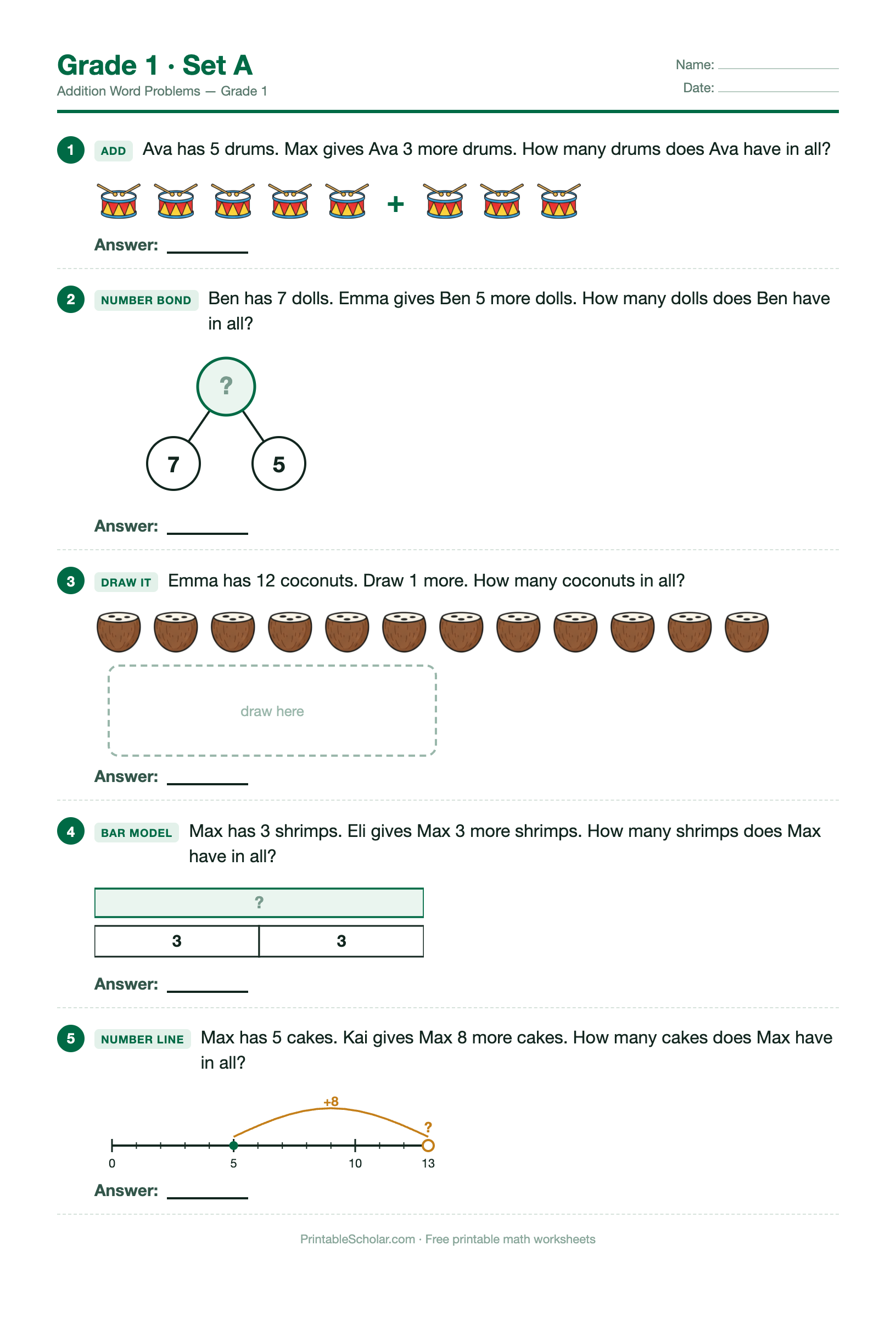 Grade 1 · Set A worksheet preview