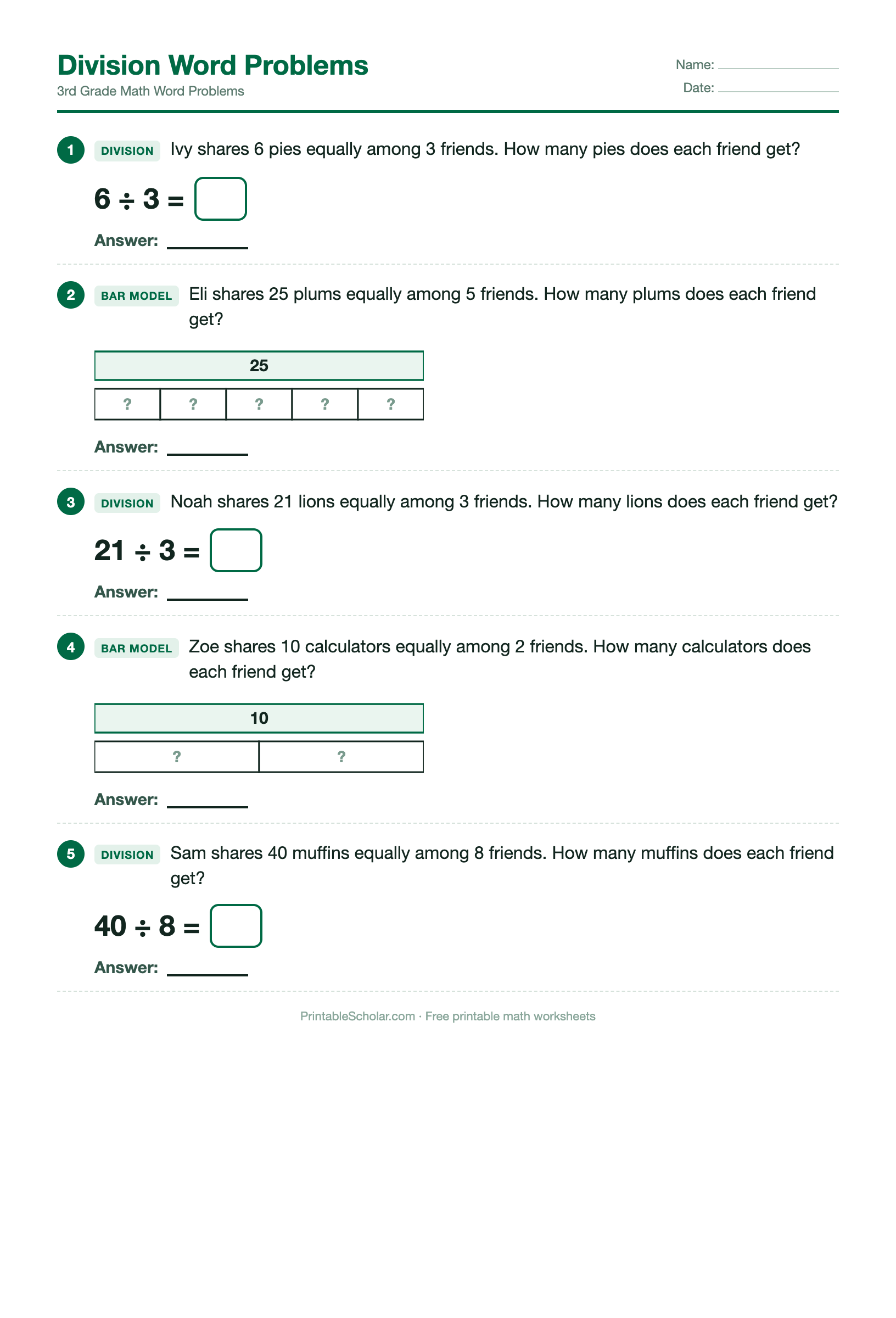 Division Word Problems worksheet preview