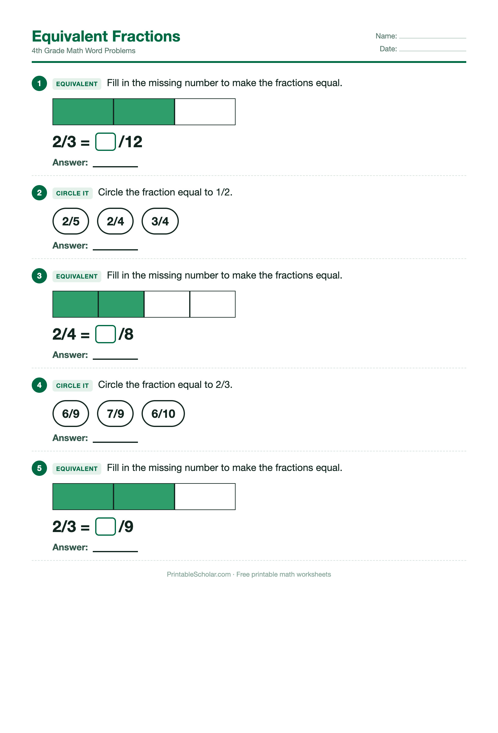 Equivalent Fractions worksheet preview