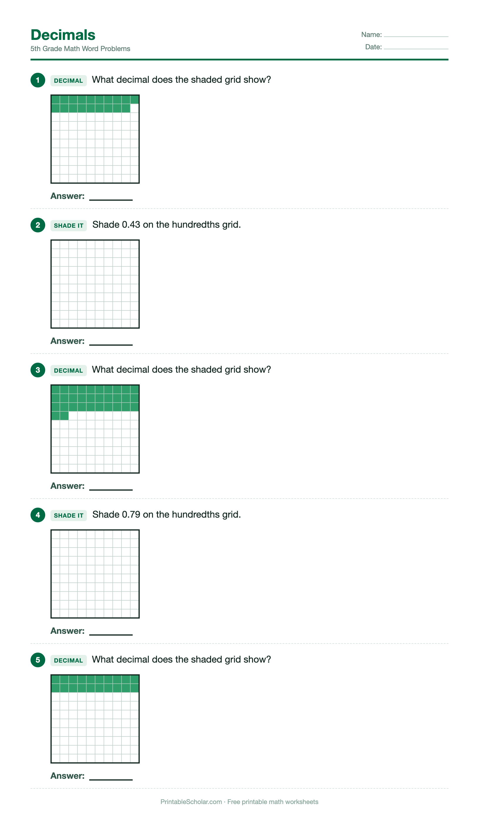 Decimals worksheet preview