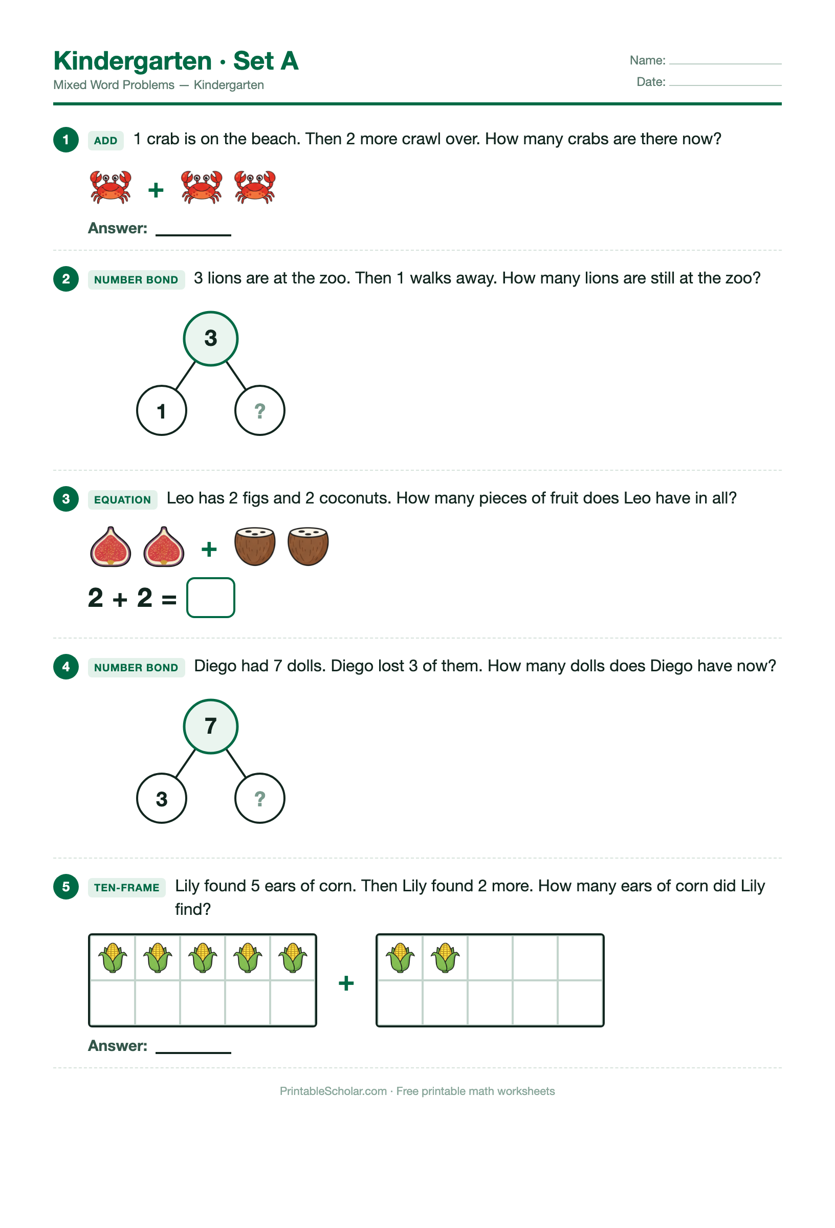 Kindergarten · Set A worksheet preview