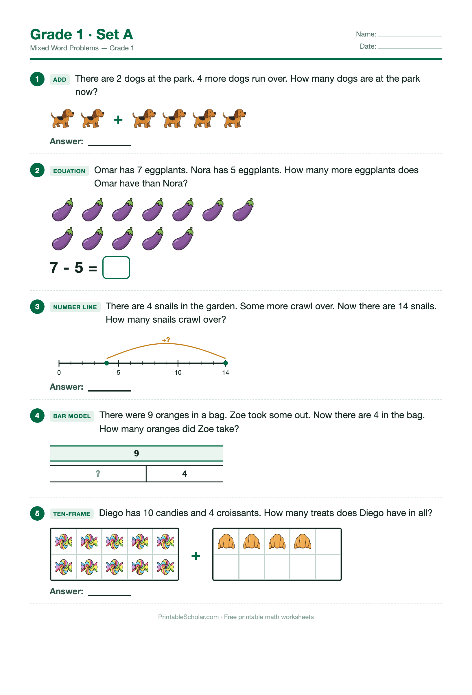 Grade 1 · Set A worksheet preview
