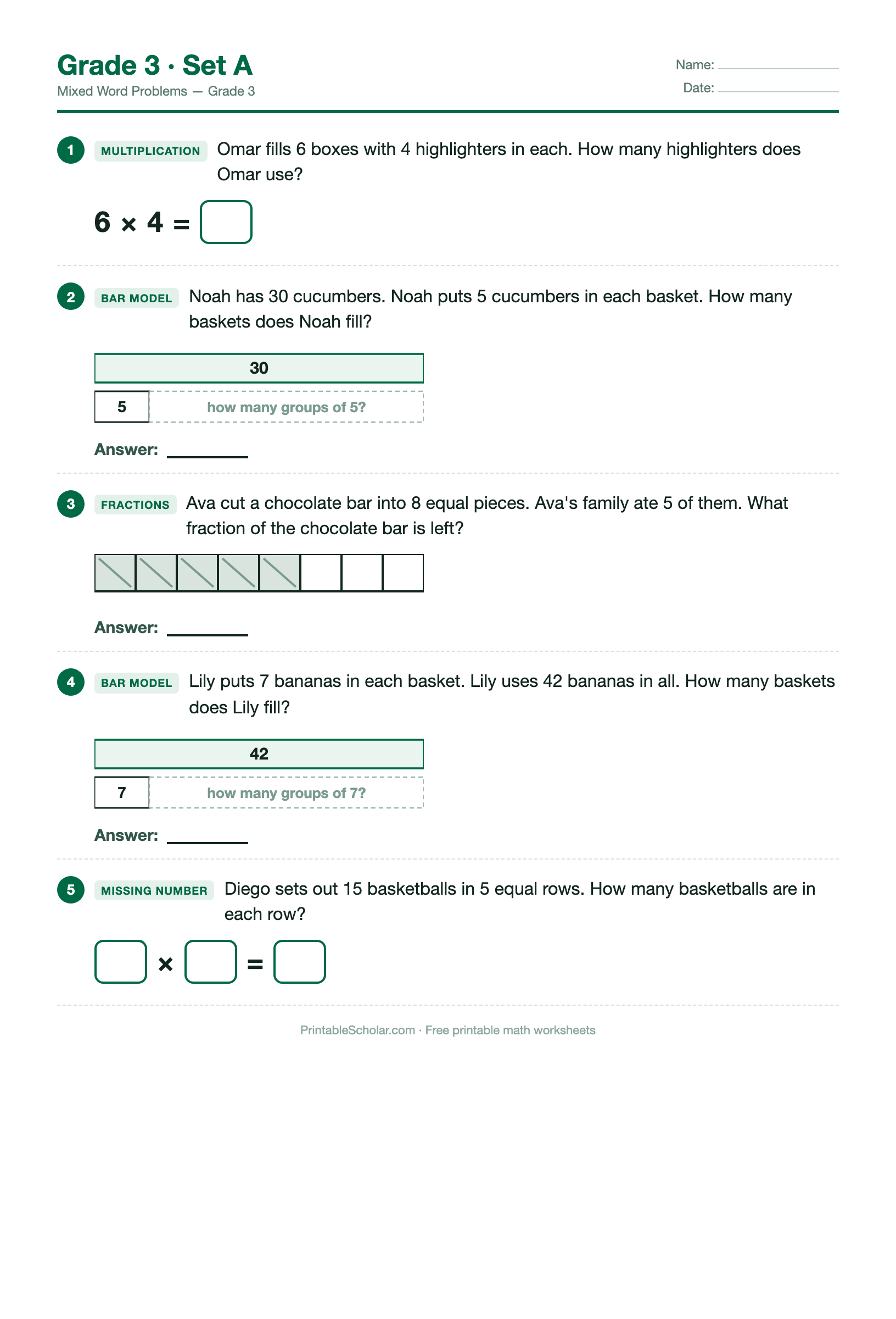 Grade 3 · Set A worksheet preview