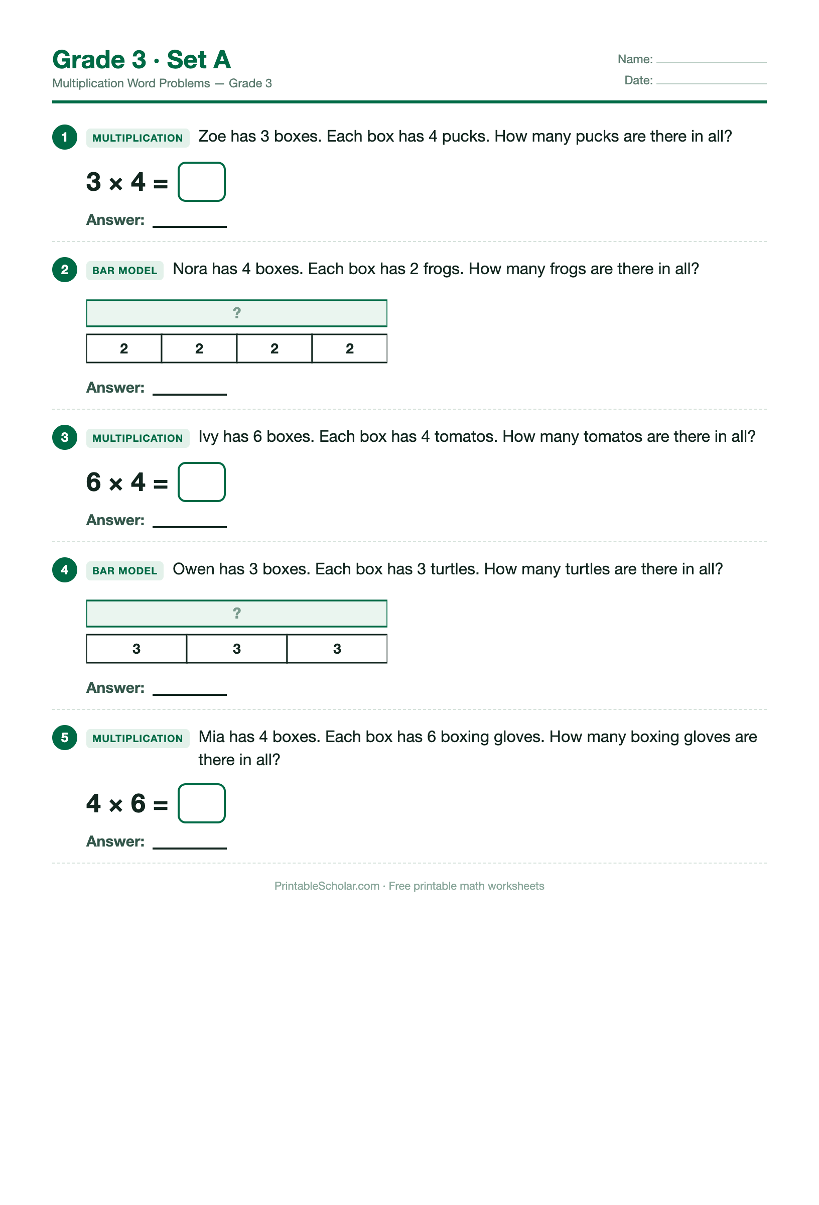 Multiplication Grade 3 · Set A preview