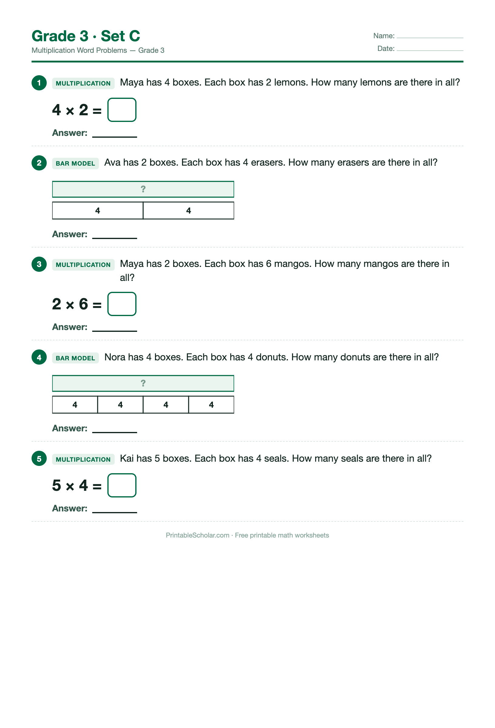 Multiplication Grade 3 · Set C preview