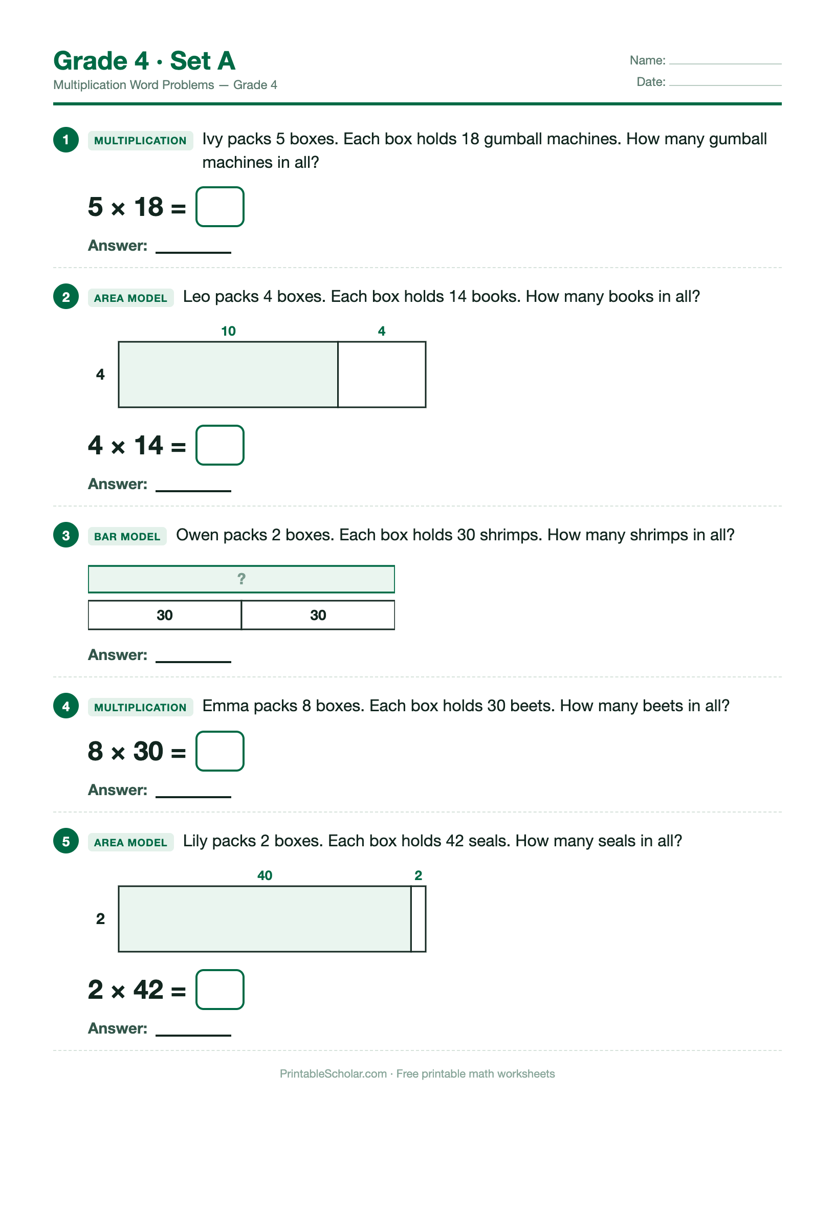 Multiplication Grade 4 · Set A preview