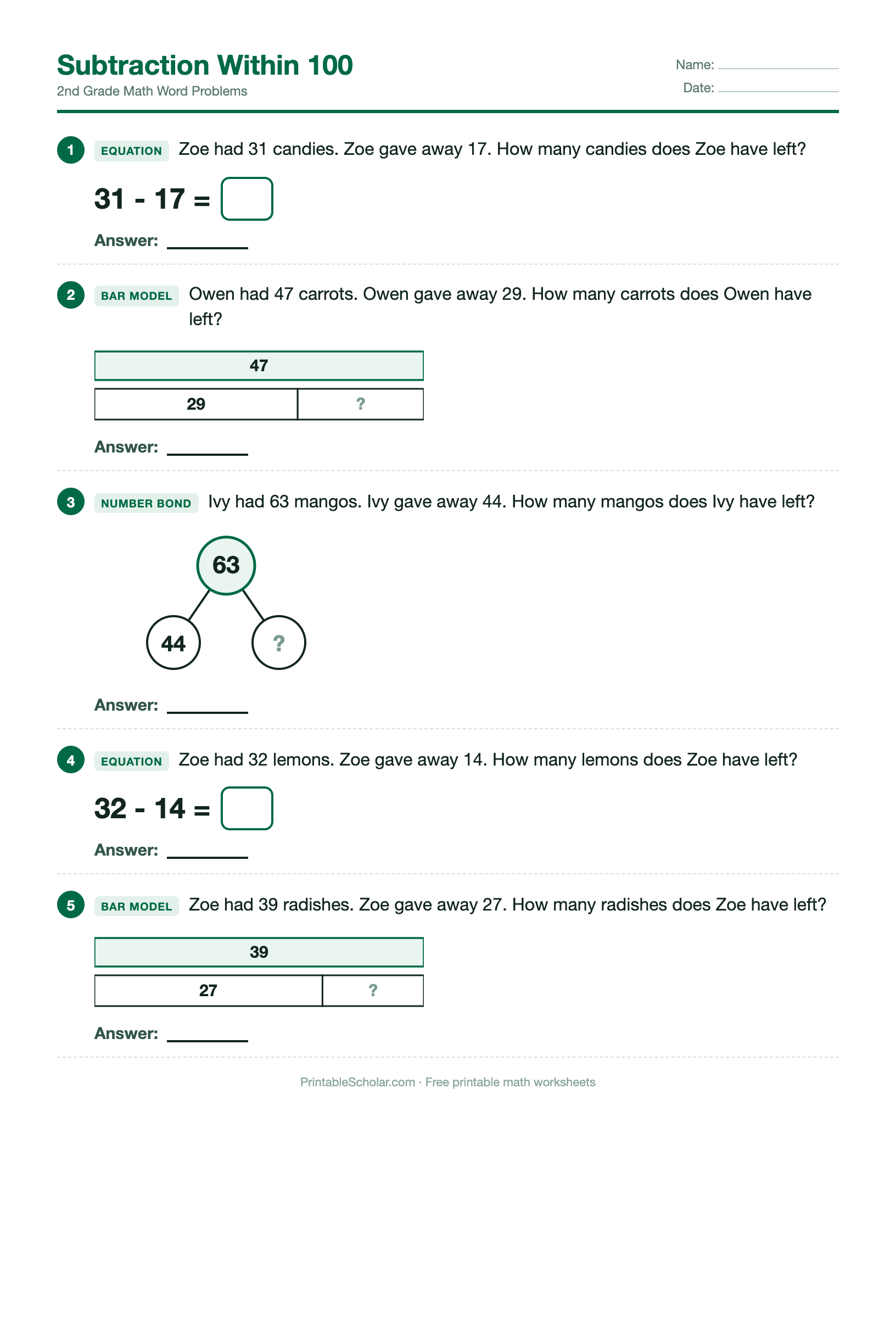 Subtraction Within 100 worksheet preview