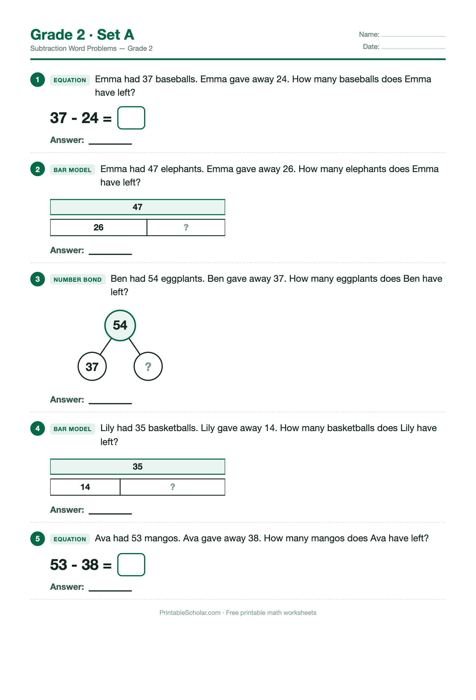 Grade 2 · Set A worksheet preview