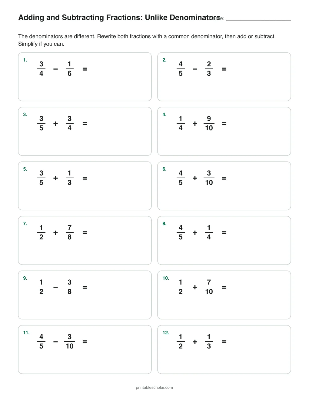 More Practice: Unlike Denominators printable preview