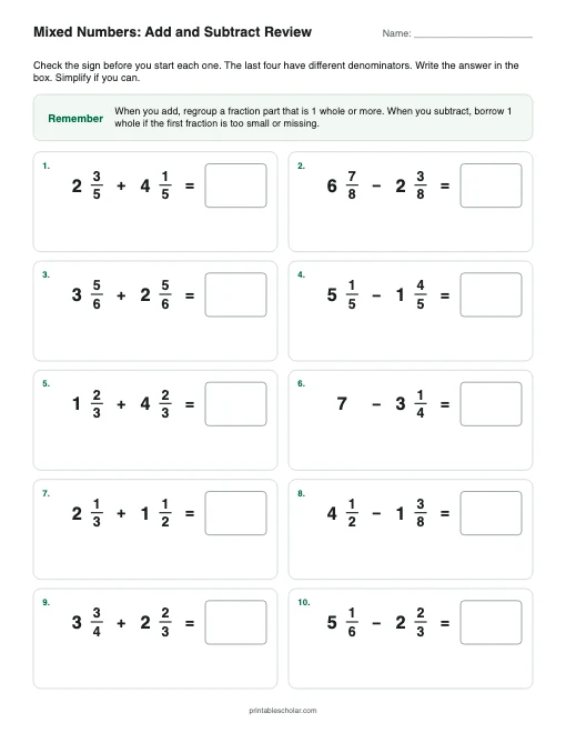 Mixed Numbers: Add and Subtract Review printable preview